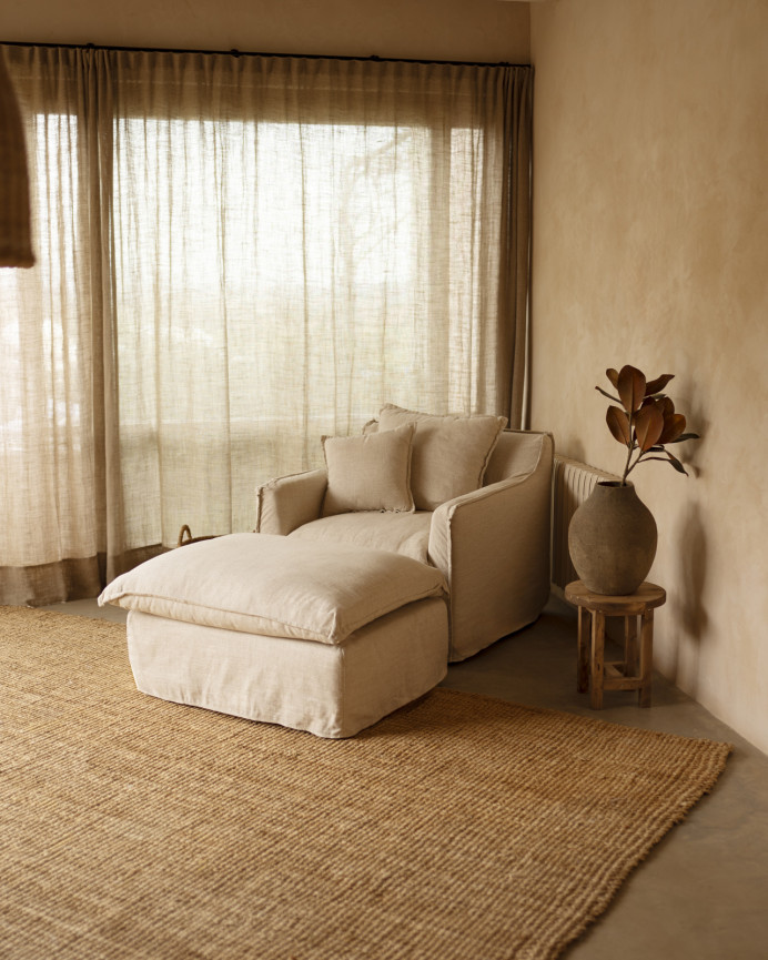 Baumwoll- und Leinensofa in beige, abziehbar, 98x90cm.