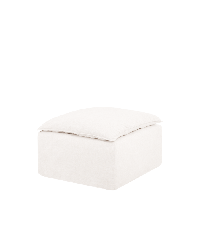 Baumwoll- und Leinen-Pouf mit abnehmbarem Bezug in Weiß, Maße 89x87 cm.