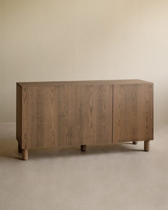 Aparador con 3 puertas de chapa de madera de fresno natural en tono avellana de 160x40cm