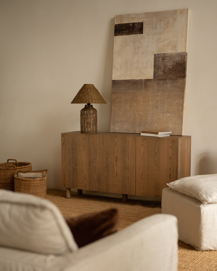 Aparador con 3 puertas de chapa de madera de fresno natural en tono avellana de 160x40cm