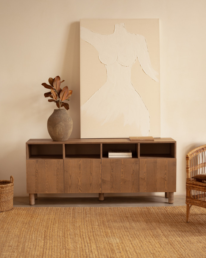 Sideboard mit 4 Türen aus naturbelassenem Eschenholzfurnier in Haselnussfarbe, 176x40cm.