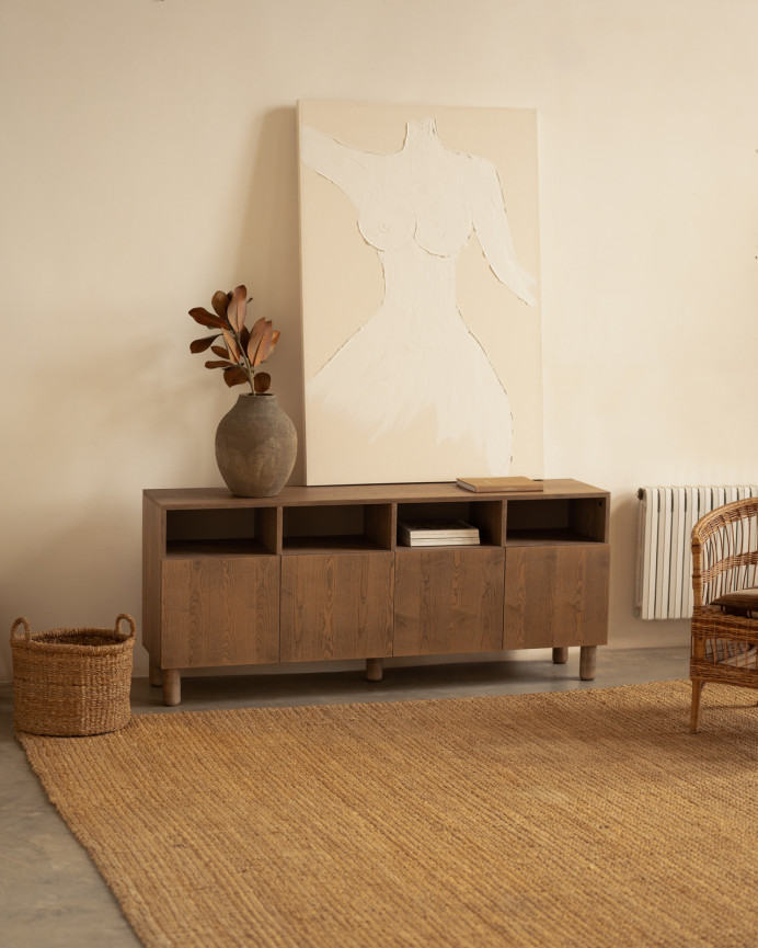 Sideboard mit 4 Türen aus naturbelassenem Eschenholzfurnier in Haselnussfarbe, 176x40cm.