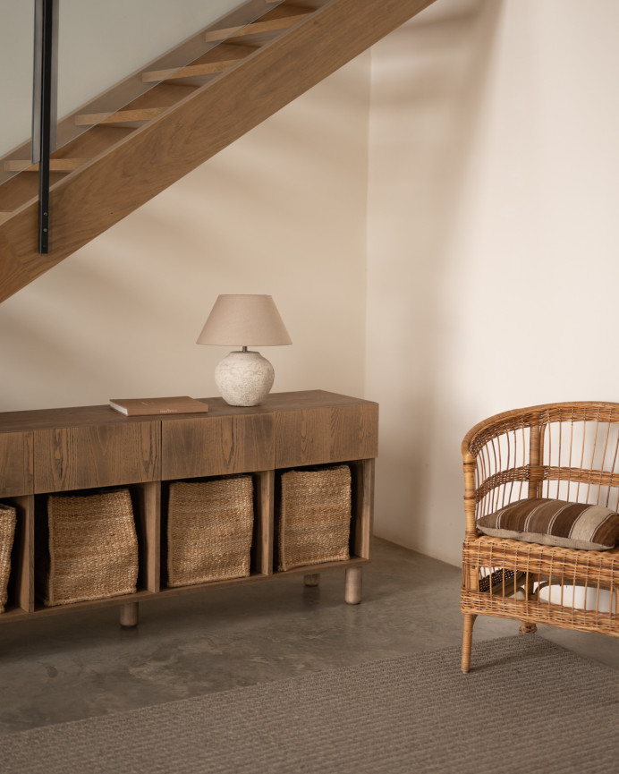 Aparador con 4 cajones de chapa de madera de fresno natural en tono avellana de 176x40cm