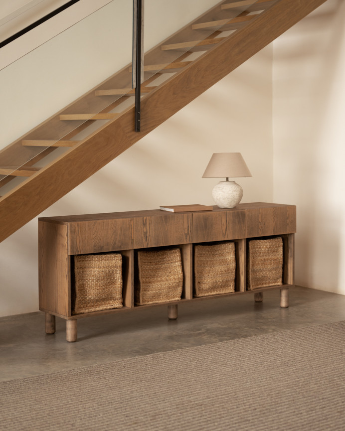 Aparador con 4 cajones de chapa de madera de fresno natural en tono avellana de 176x40cm