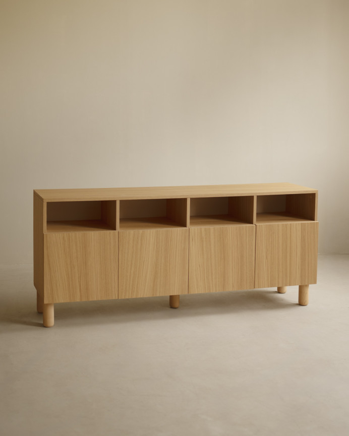 Aparador con 4 puertas de chapa de madera de roble natural de 176x40cm