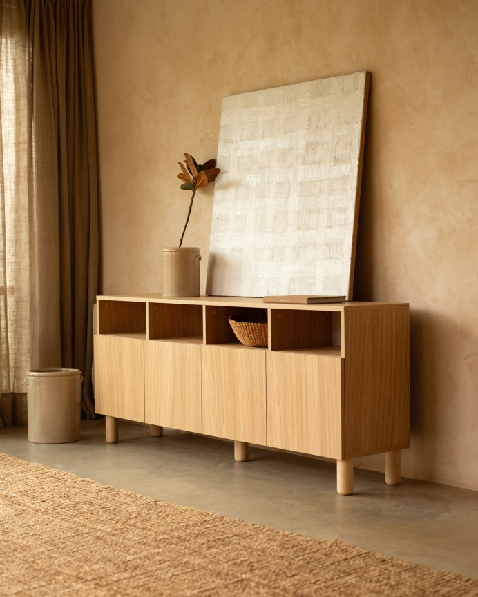 Aparador con 4 puertas de chapa de madera de roble natural de 176x40cm