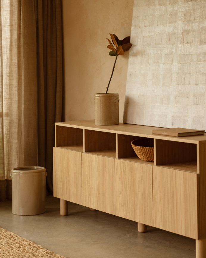 Aparador con 4 puertas de chapa de madera de roble natural de 176x40cm