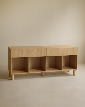 Aparador con 4 cajones de chapa de madera de roble natural de 176x40cm