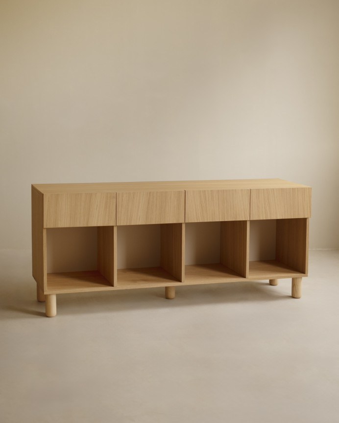 Aparador con 4 cajones de chapa de madera de roble natural de 176x40cm