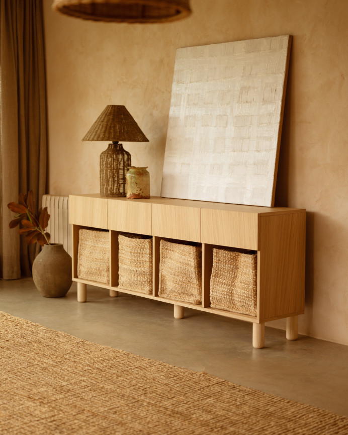 Aparador con 4 cajones de chapa de madera de roble natural de 176x40cm
