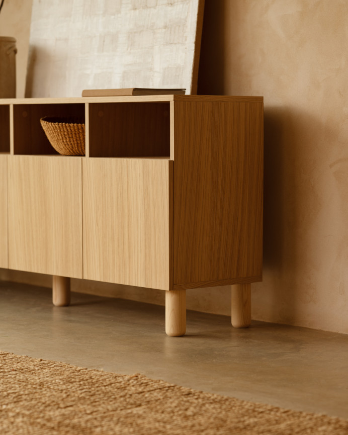 Aparador con 4 puertas de chapa de madera de roble natural de 176x40cm