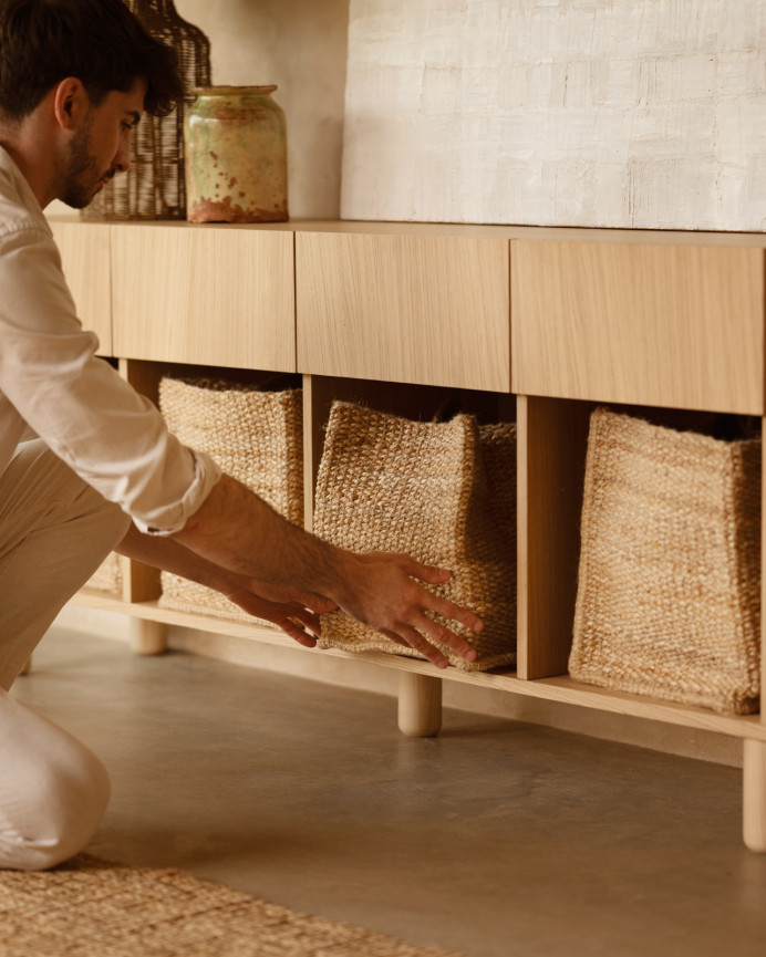Aparador con 4 cajones de chapa de madera de roble natural de 176x40cm