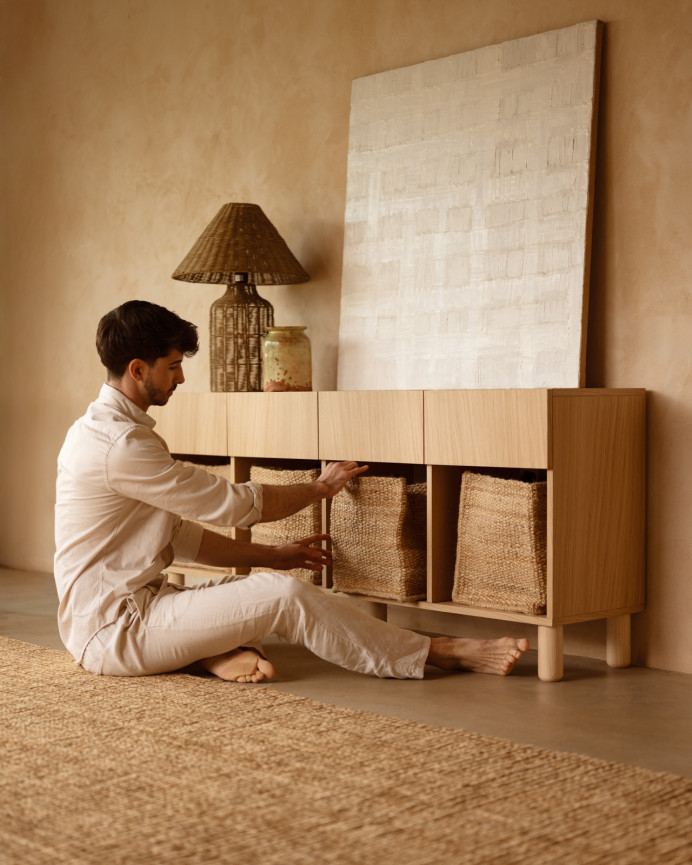 Aparador con 4 cajones de chapa de madera de roble natural de 176x40cm