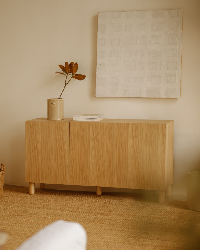 Aparador con 3 puertas de chapa de madera de roble natural de 160x40cm