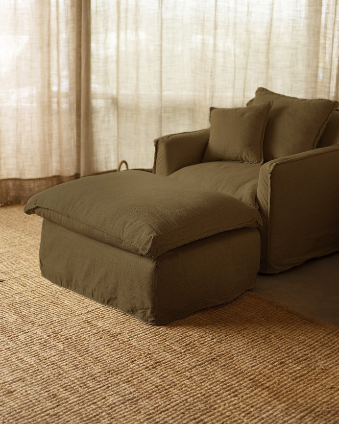 Pouf aus abnehmbarem grünem Baumwoll- und Leinenbezug, 90x72cm.