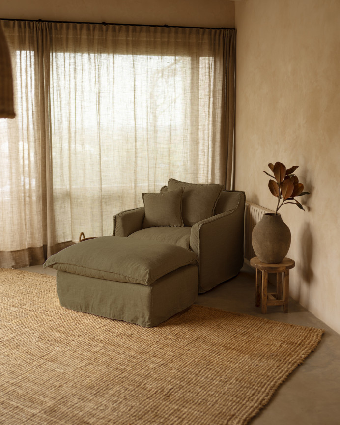 Pouf aus abnehmbarem grünem Baumwoll- und Leinenbezug, 90x72cm.