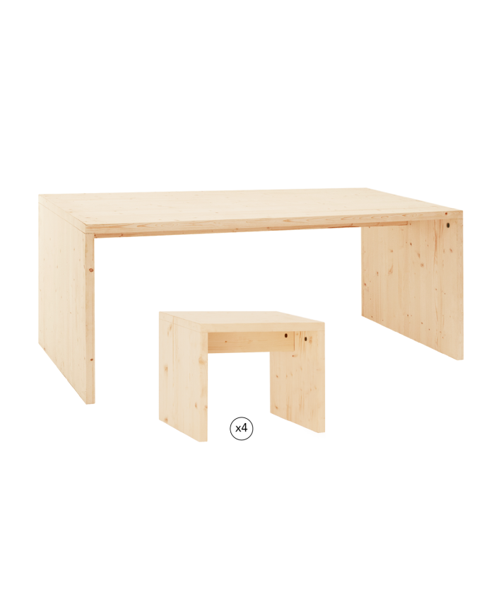Verpacke Esstisch und 4 massive Holzhocker in Naturton 120cm.