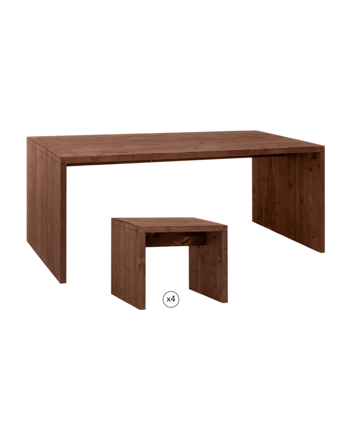 Verpacken Sie Esstisch und 4 Massivholz-Hocker in Nussbaumfarbe von 120 cm.