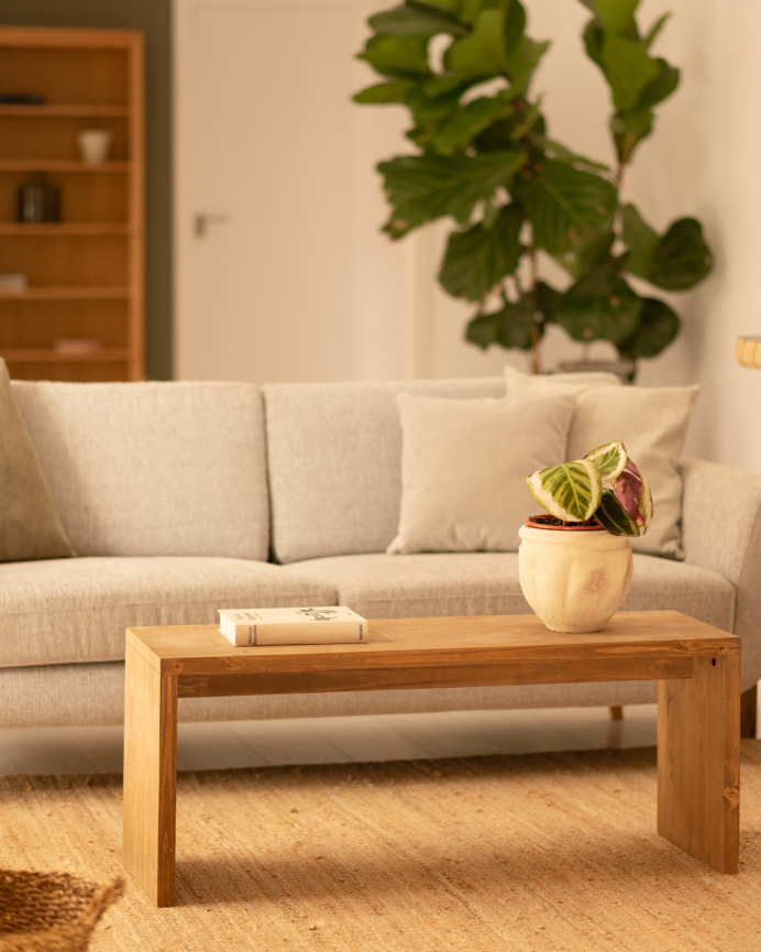 Massiver Holz-Couchtisch in dunkler Eiche, 110x45x35cm.