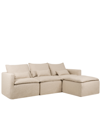 Modulares 3-Sitzer-Sofa mit rechter Chaiselongue aus abnehmbarem Baumwoll- und Leinenbezug in Beige, Maße 285x185cm.