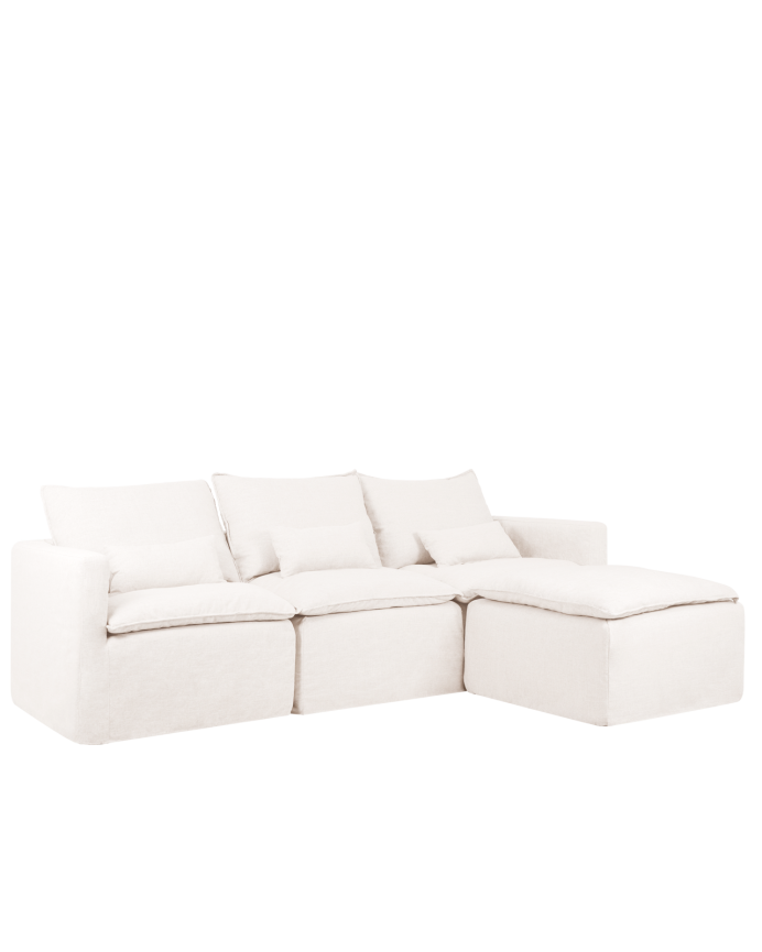 Modulares 3-Sitzer-Sofa mit rechtem Chaiselongue aus abnehmbarem Baumwoll- und Leinenstoff in Weiß, Maße 285x185 cm.