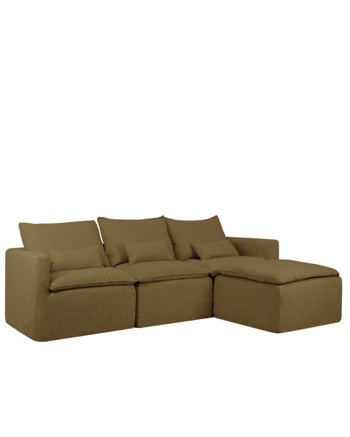 Modulares Sofa mit 3 Plätzen und rechter Ottomane aus Baumwolle und Leinen in abnehmbarem Grünton von 285x185cm.