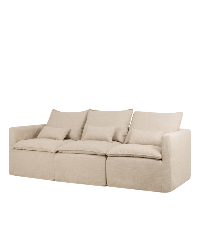 Modulares gerades Sofa aus abnehmbarem, beigefarbenem Baumwoll-Leinen-Gemisch in der Größe 285x96cm.