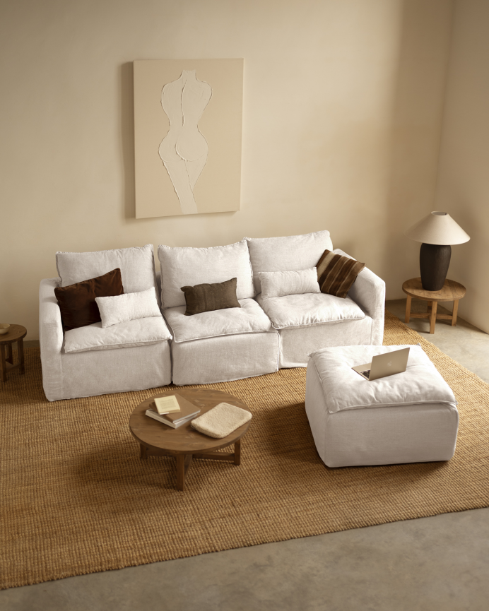 Modulares 3-Sitzer-Sofa mit rechtem Chaiselongue aus abnehmbarem Baumwoll- und Leinenstoff in Weiß, Maße 285x185 cm.