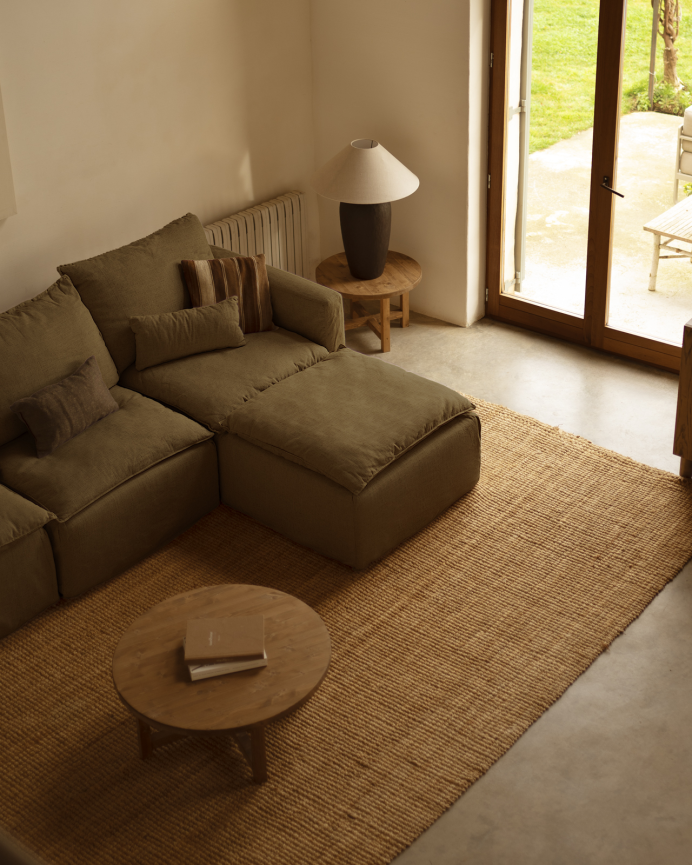 Modulares Sofa mit 3 Plätzen und rechter Ottomane aus Baumwolle und Leinen in abnehmbarem Grünton von 285x185cm.