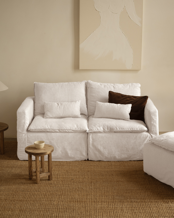 Modulares, gerade geschnittenes Sofa aus abnehmbarem Baumwoll- und Leinenbezug in Weiß, 196x96 cm.