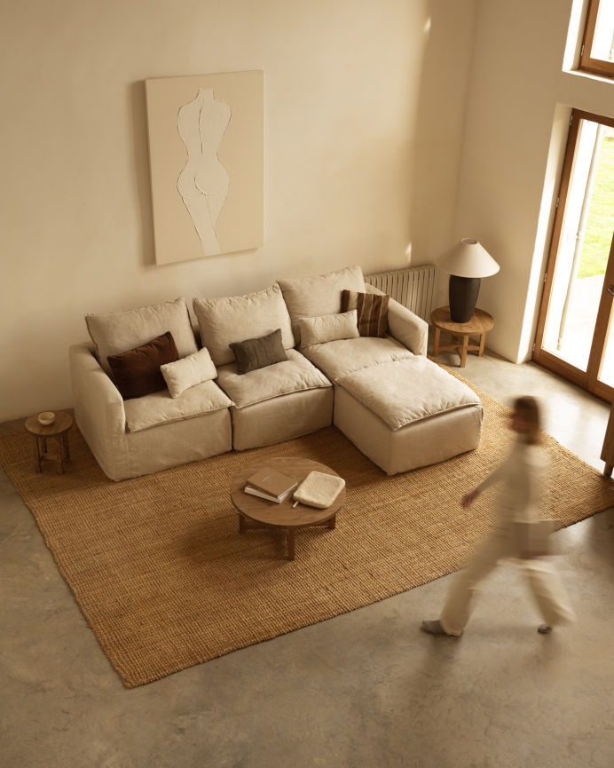 Baumwoll- und Leinenmodul ohne Armlehne, abnehmbarer beige Farbton von 86x96 cm.
