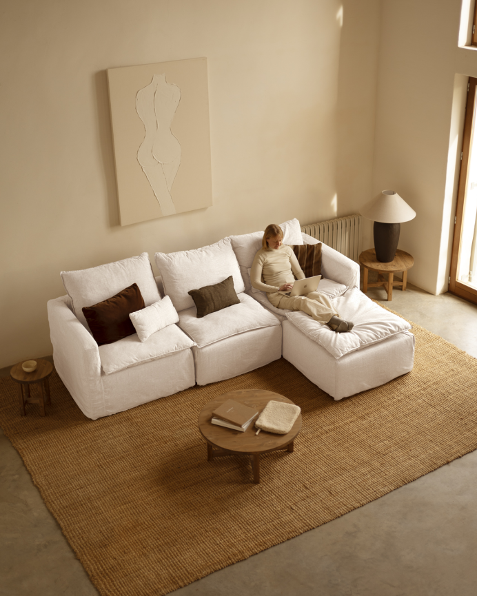 Modulares 3-Sitzer-Sofa mit rechtem Chaiselongue aus abnehmbarem Baumwoll- und Leinenstoff in Weiß, Maße 285x185 cm.