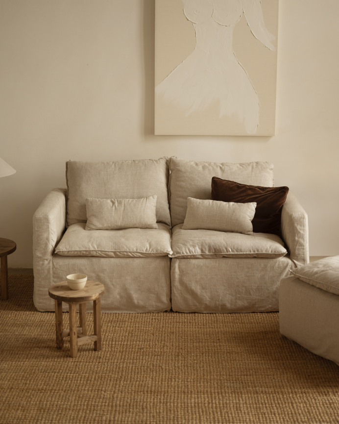 Baumwoll- und Leinenmodul mit abnehmbarer linker Armlehne in Beige von 97x96cm.