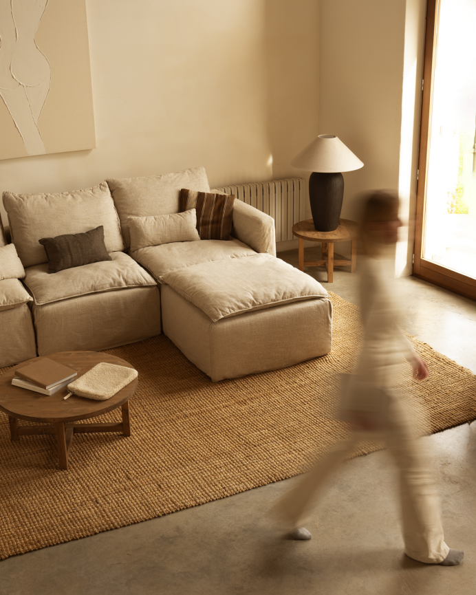 Baumwoll- und Leinenmodul ohne Armlehne, abnehmbarer beige Farbton von 86x96 cm.