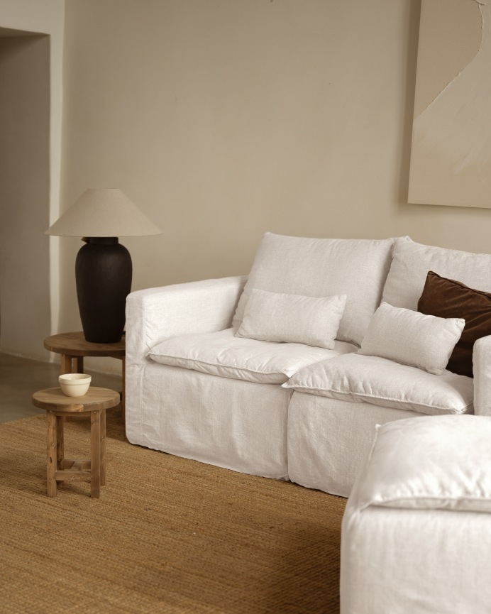 Modulares, gerade geschnittenes Sofa aus abnehmbarem Baumwoll- und Leinenbezug in Weiß, 196x96 cm.