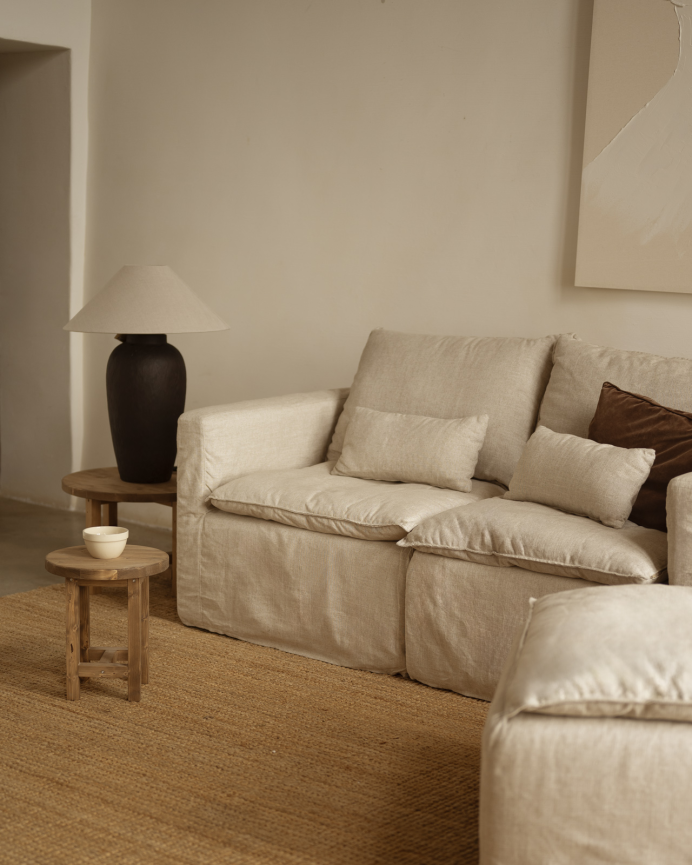 Baumwoll- und Leinenmodul mit abnehmbarer linker Armlehne in Beige von 97x96cm.