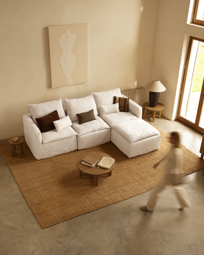 Modulares 3-Sitzer-Sofa mit rechtem Chaiselongue aus abnehmbarem Baumwoll- und Leinenstoff in Weiß, Maße 285x185 cm.