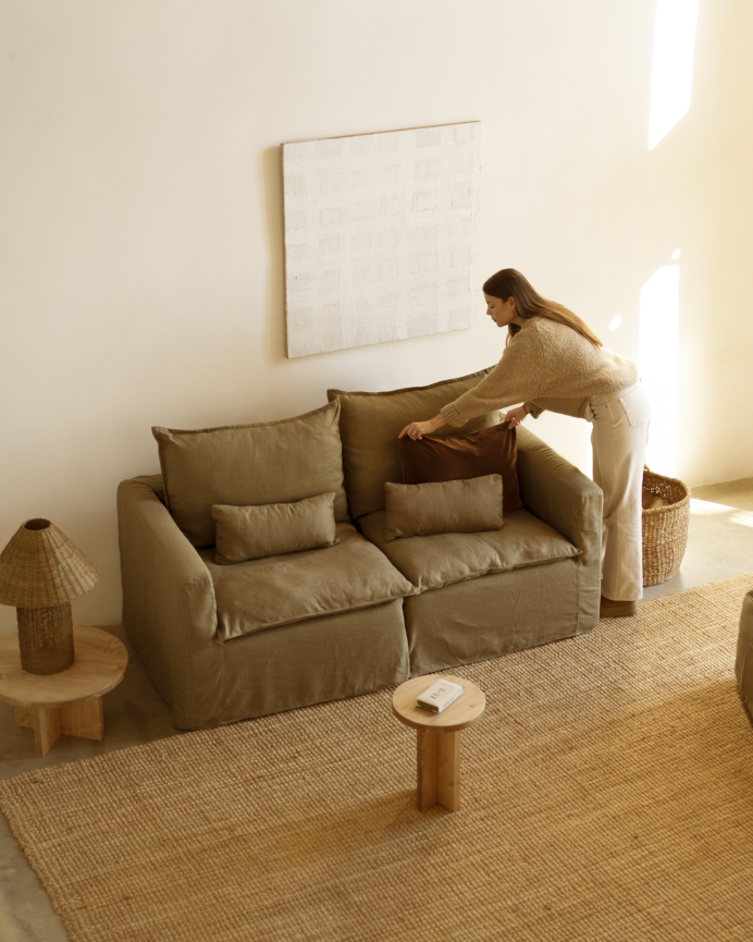 Modulares Sofa aus abnehmbarer Baumwolle und Leinen in geradem Design in grünem Farbton, 196x96cm.