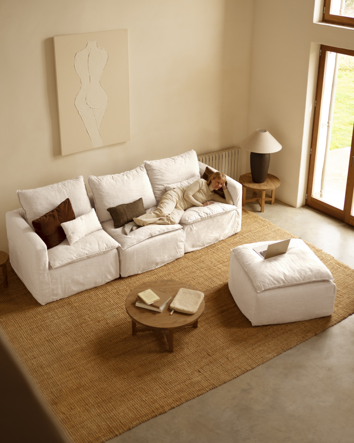 Modulares 3-Sitzer-Sofa mit rechtem Chaiselongue aus abnehmbarem Baumwoll- und Leinenstoff in Weiß, Maße 285x185 cm.