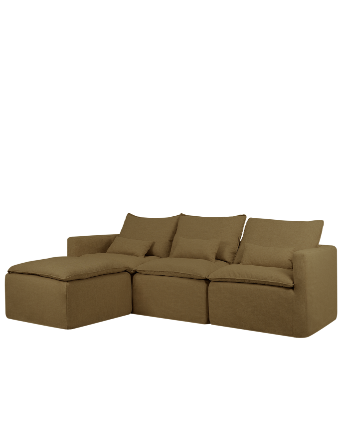 Sofá modular de 3 plazas con chaise longue izquierdo de algodón y lino desenfundable tono verde de 285x185cm