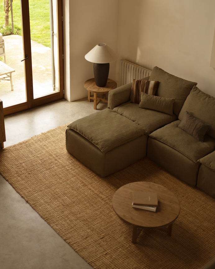 Sofá modular de 3 plazas con chaise longue izquierdo de algodón y lino desenfundable tono verde de 285x185cm