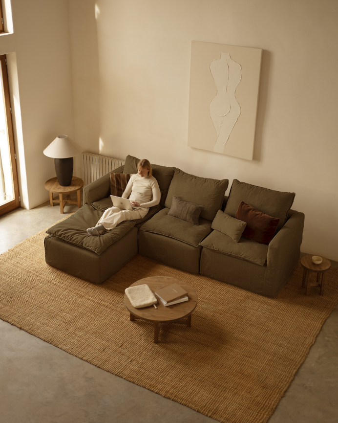 Sofá modular de 3 plazas con chaise longue izquierdo de algodón y lino desenfundable tono verde de 285x185cm