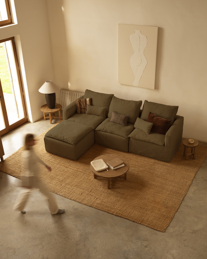 Sofá modular de 3 plazas con chaise longue izquierdo de algodón y lino desenfundable tono verde de 285x185cm