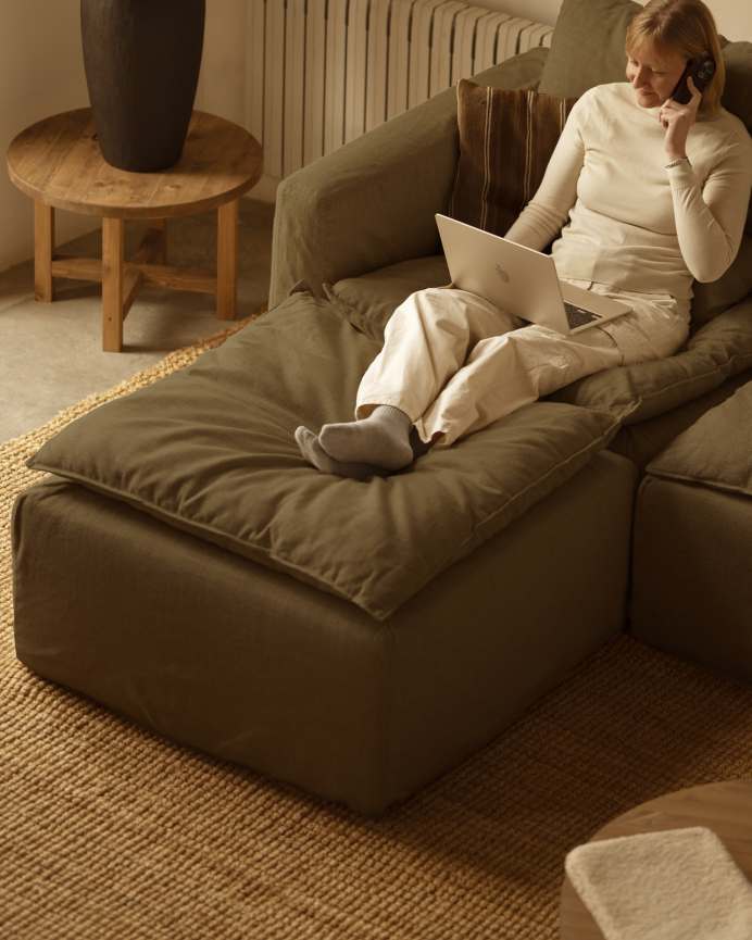 Sofá modular de 3 plazas con chaise longue izquierdo de algodón y lino desenfundable tono verde de 285x185cm