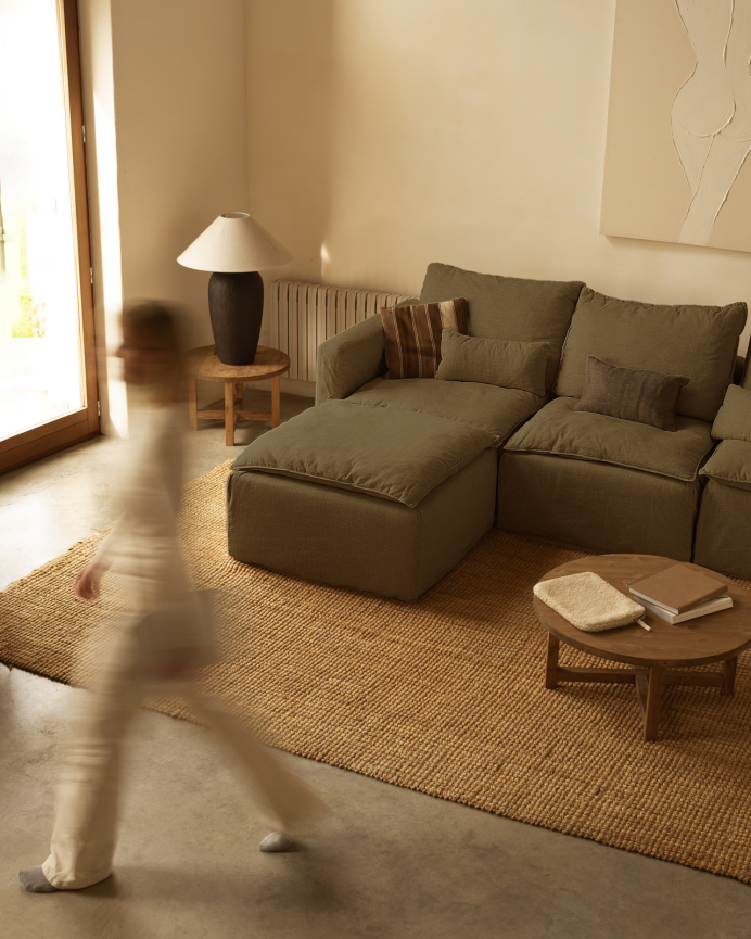 Sofá modular de 3 plazas con chaise longue izquierdo de algodón y lino desenfundable tono verde de 285x185cm