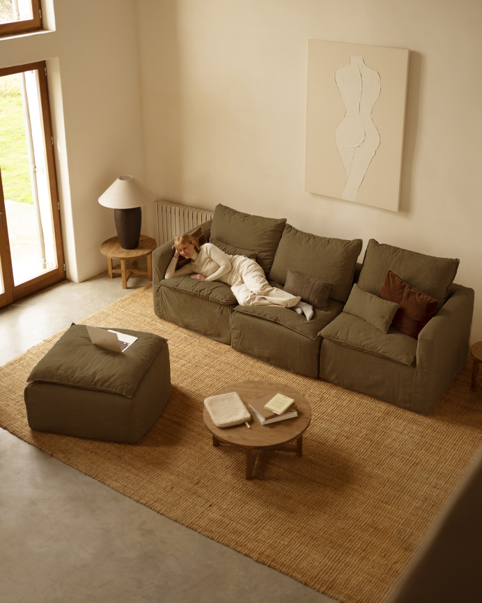 Sofá modular de 3 plazas con chaise longue izquierdo de algodón y lino desenfundable tono verde de 285x185cm