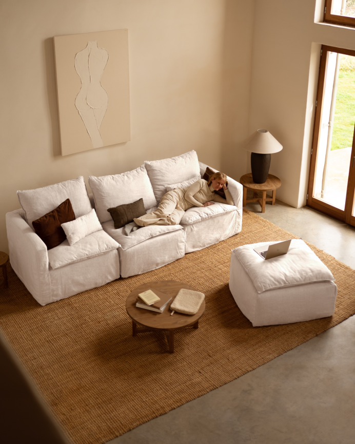 Modulares Sofa aus Baumwolle und Leinen in Weiß, 285x96cm, abnehmbarer Bezug.
