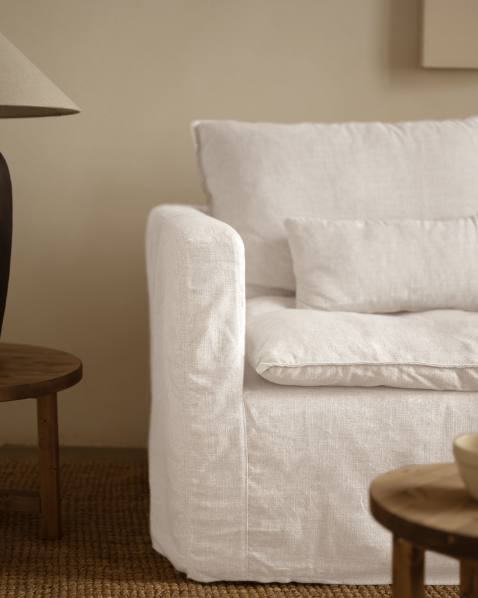 Modulares Sofa aus Baumwolle und Leinen in Weiß, 285x96cm, abnehmbarer Bezug.