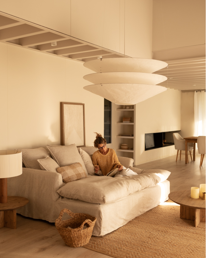 Langes Sofa aus Baumwolle und Leinen mit abnehmbarem Bezug in Beigetönen, verschiedene Größen.
