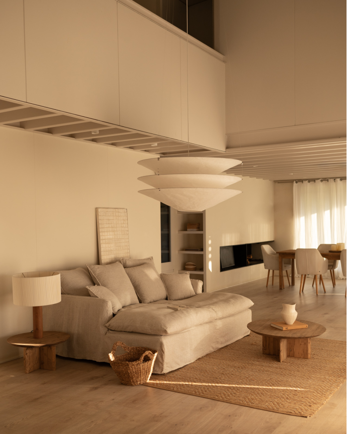 Langes Sofa aus Baumwolle und Leinen mit abnehmbarem Bezug in Beigetönen, verschiedene Größen.